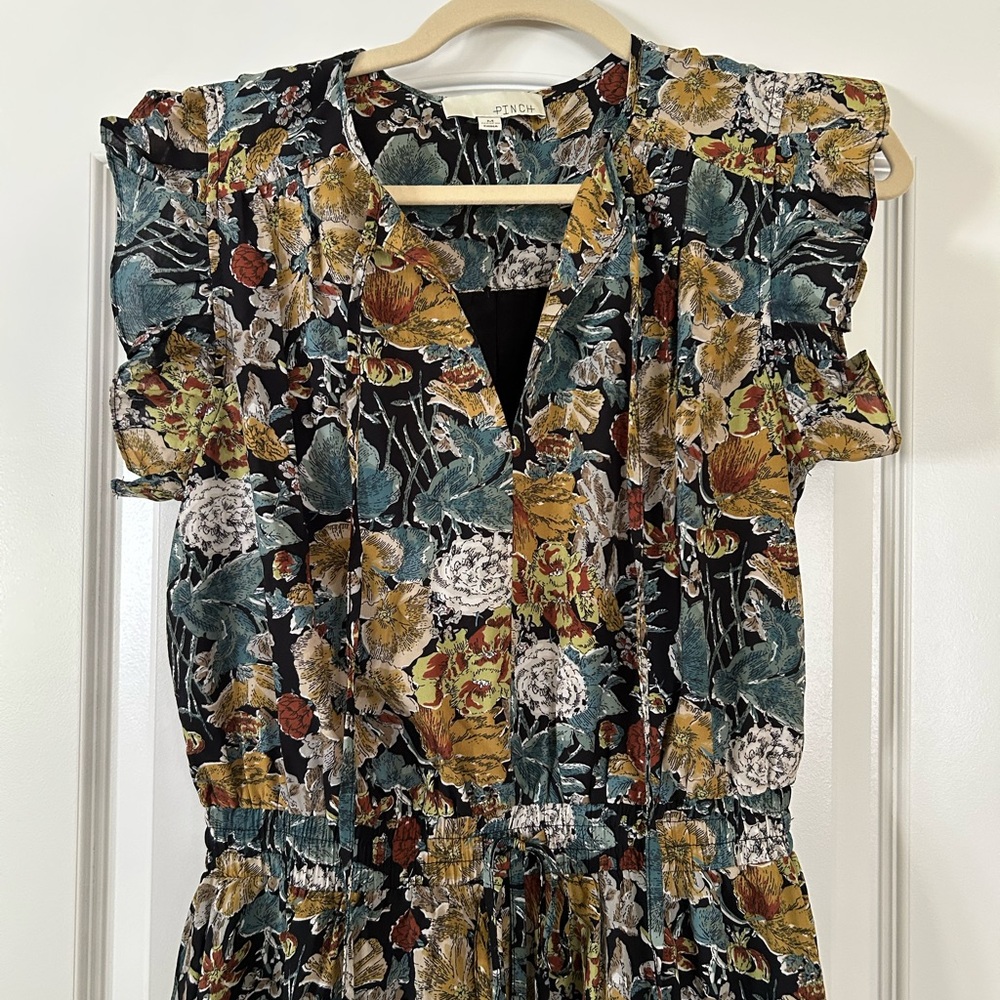 Pinch Floral Vneck Elastic Tie Waist Flutter Short Sleeve Tiered Midi Maxi Dress